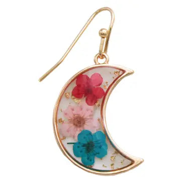 Pendientes de luna de oro con flores secas múltiples