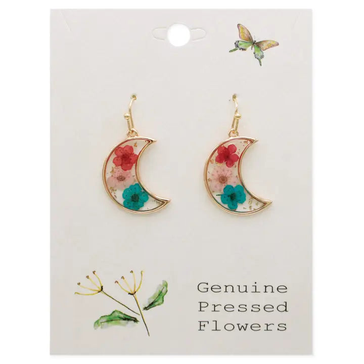 Pendientes de luna de oro con flores secas múltiples