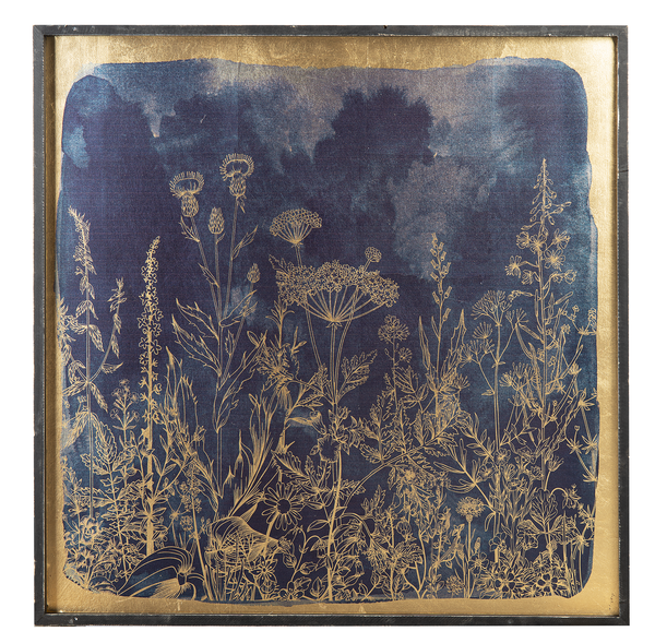 Decoración de pared botánica azul y dorada