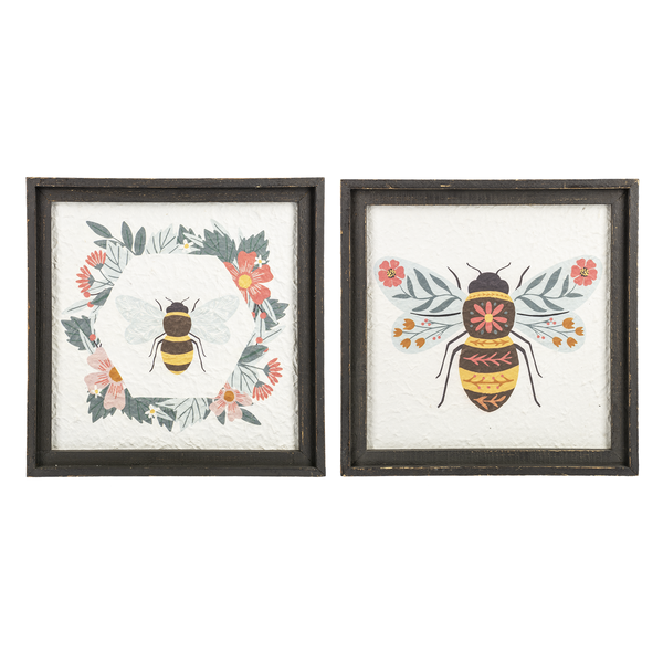 Decoración de pared floral y abeja enmarcada