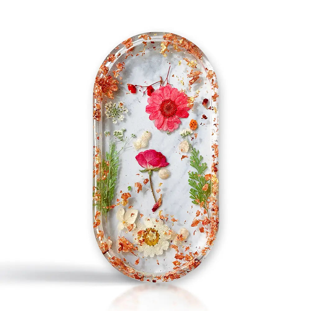 Plato de baratijas | Hecho a mano | Transparente con flores rojas y rosas reales.