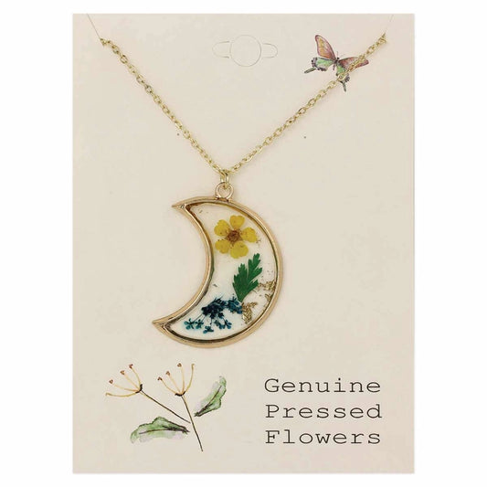 Night Blooms Dried Flower Gold Crescent Necklace