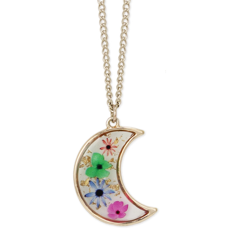 Multi Colored Dried Flower Gold Moon Necklace