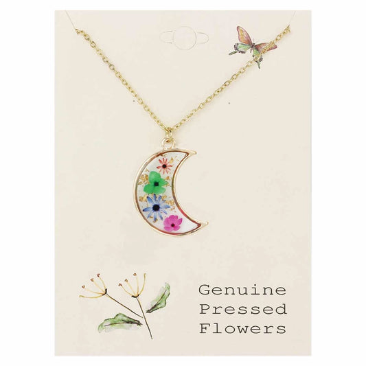 Multi Colored Dried Flower Gold Moon Necklace