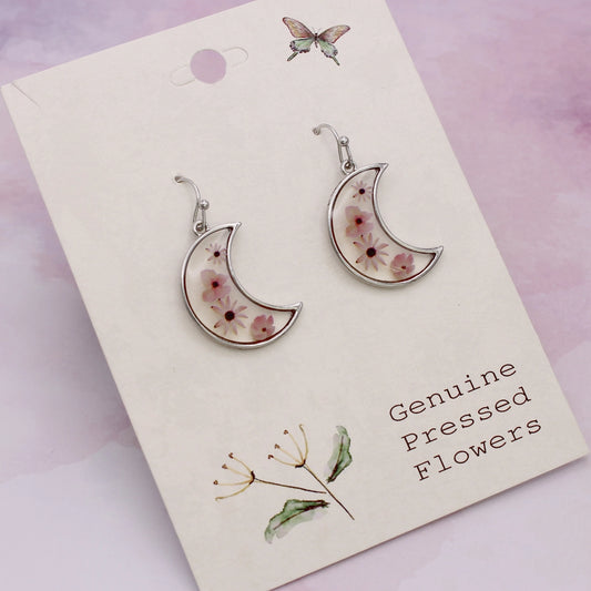 Dried Pink Flowers in Silver Moon Earrings