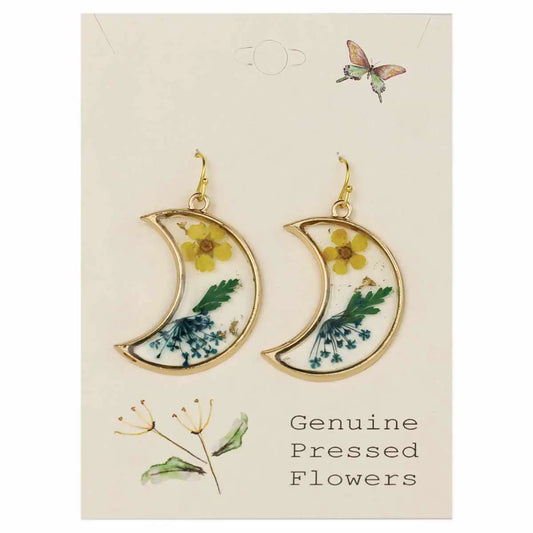 Dried Floral Crescent Moon Earrings