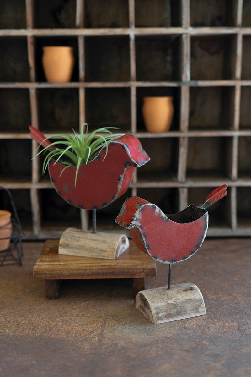 Red Metal Bird Planters