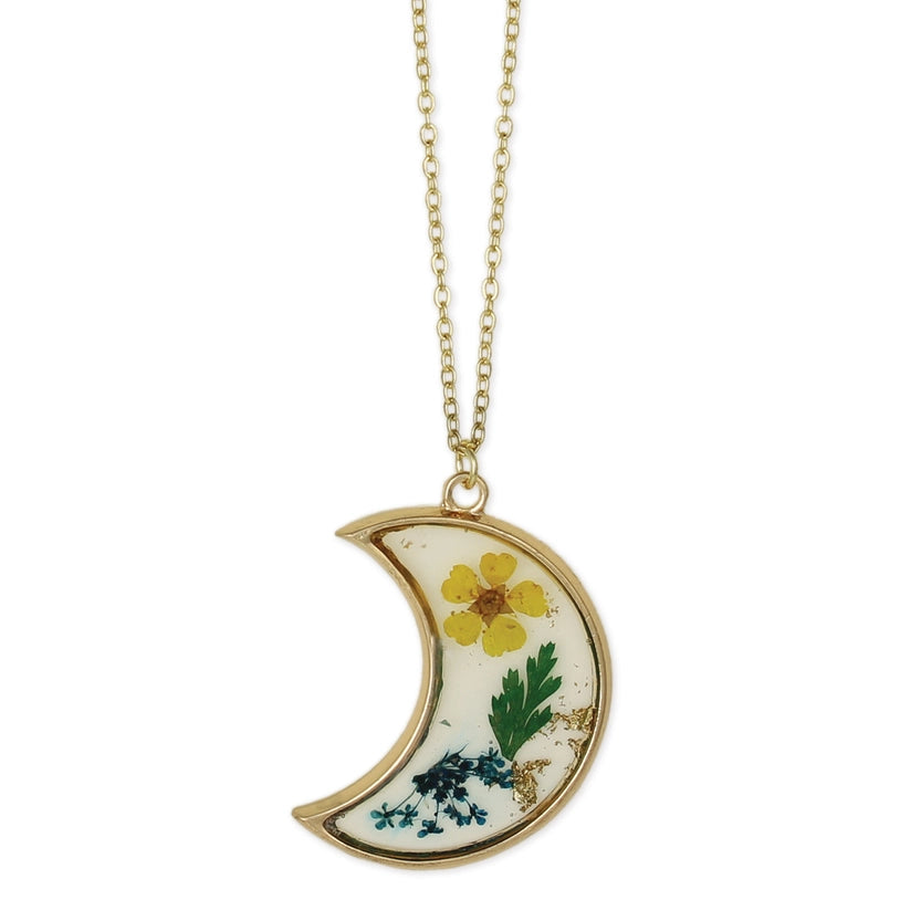 Night Blooms Dried Flower Gold Crescent Necklace