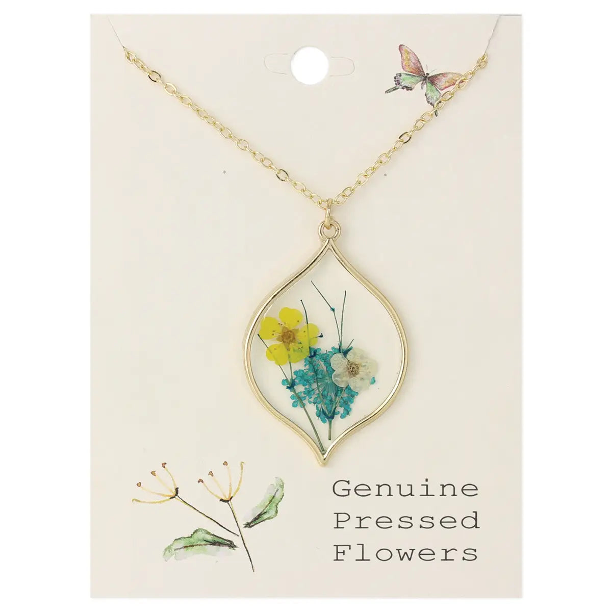 Yellow and Pink Dried Flower Gold Marquise Necklace